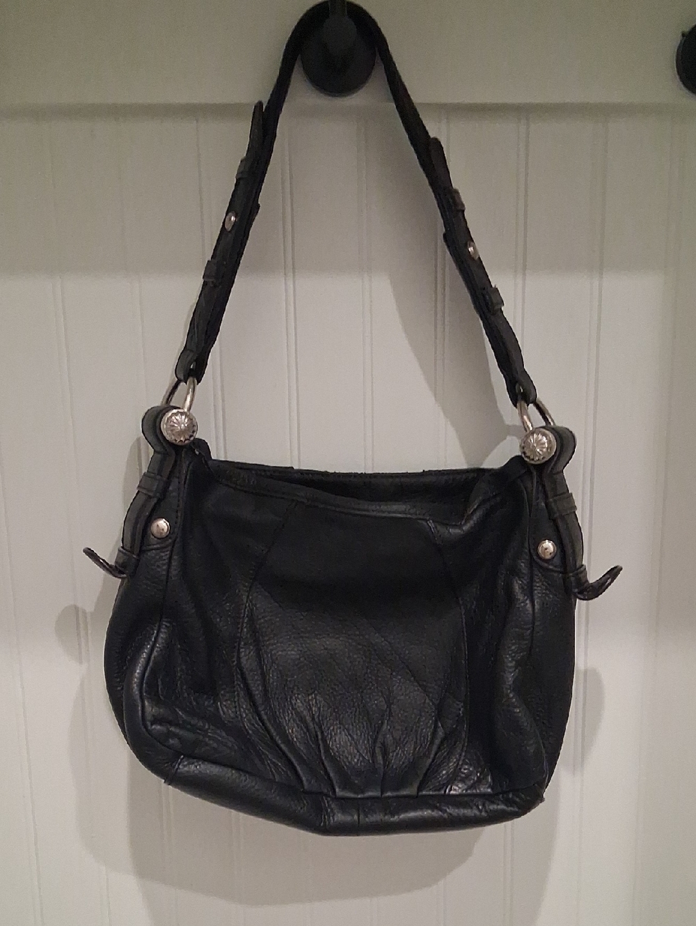 B. Makowsky Black Leather Shoulder Bag with Silver Hardware